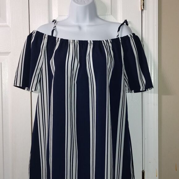 New Look off the shoulder navy white dress  Sz M - Picture 3 of 5